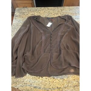 NWT Lane Bryant Plus Size 26/28 Brown Sheer‎ Button Front Blouse Top Lace Trim